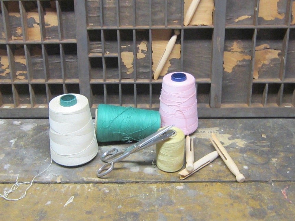 Vintage Yellow Green Pink Thread Large Spools Sheffield Scissors Craft Supplies Home Decor Instant Collection Center Wedding Shower Gift