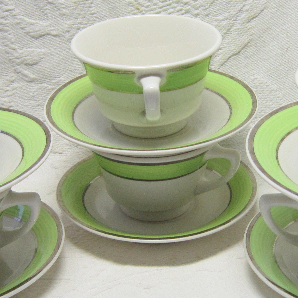 Vintage Swirled Lime Green Chrome Syracuse China Teacups and Saucers Gift for Him Her Mid Century Modern Tea Party