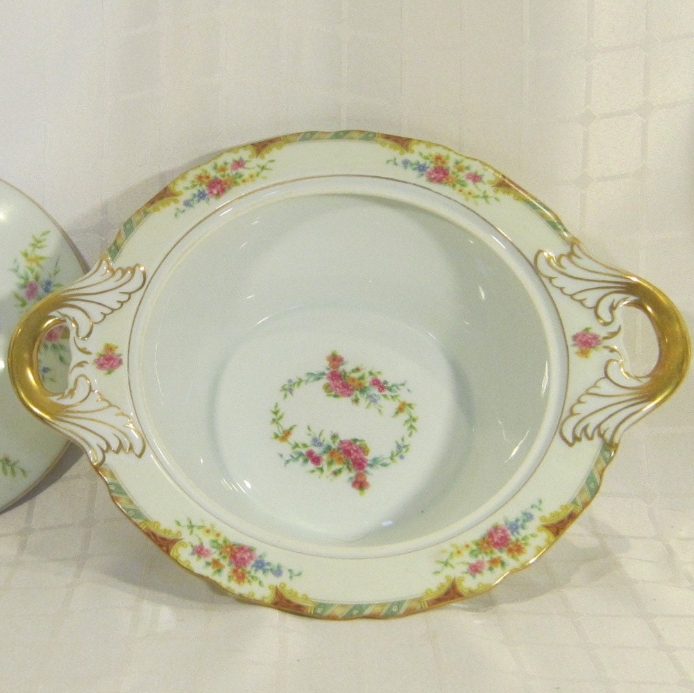 Hollywood Regency Victorian Style Gold Floral Covered Casserole Vegetable Dish Parisian Apartment Black Knight Lenora Gold Mauve Green Pink