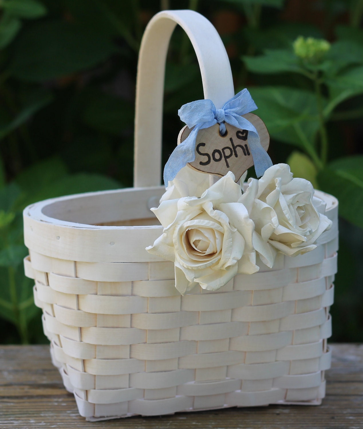 Flower Girl Basket Rustic, Paper Roses, Personalized Wood Heart, Tied With Hand Dyed Crinkled Ribbon Rustic, Shabby Chic Weddings