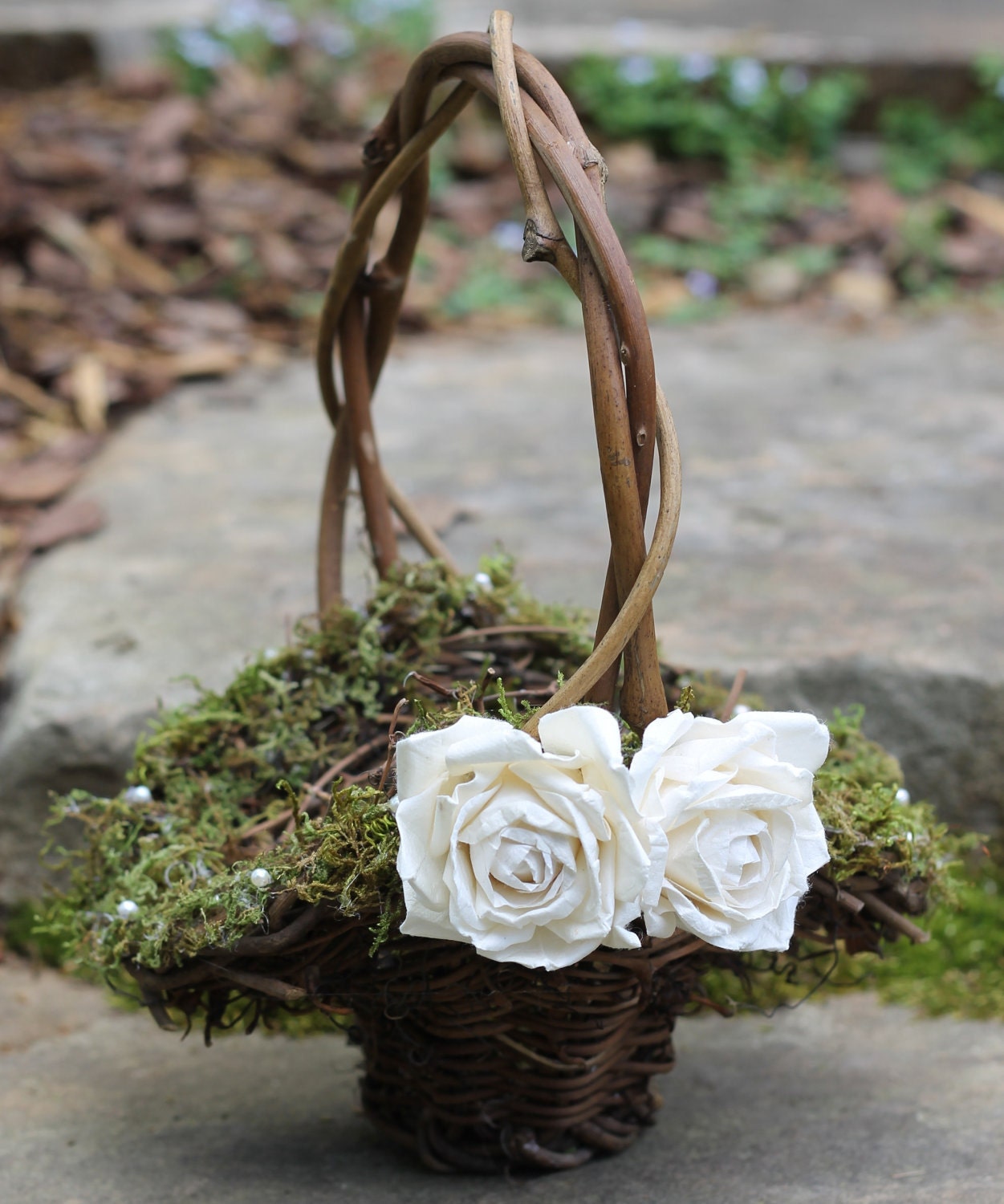Flower Girl Basket Lined With Moss And Fresh Water Pearls, Roses Rustic Shabby Chic Weddings
