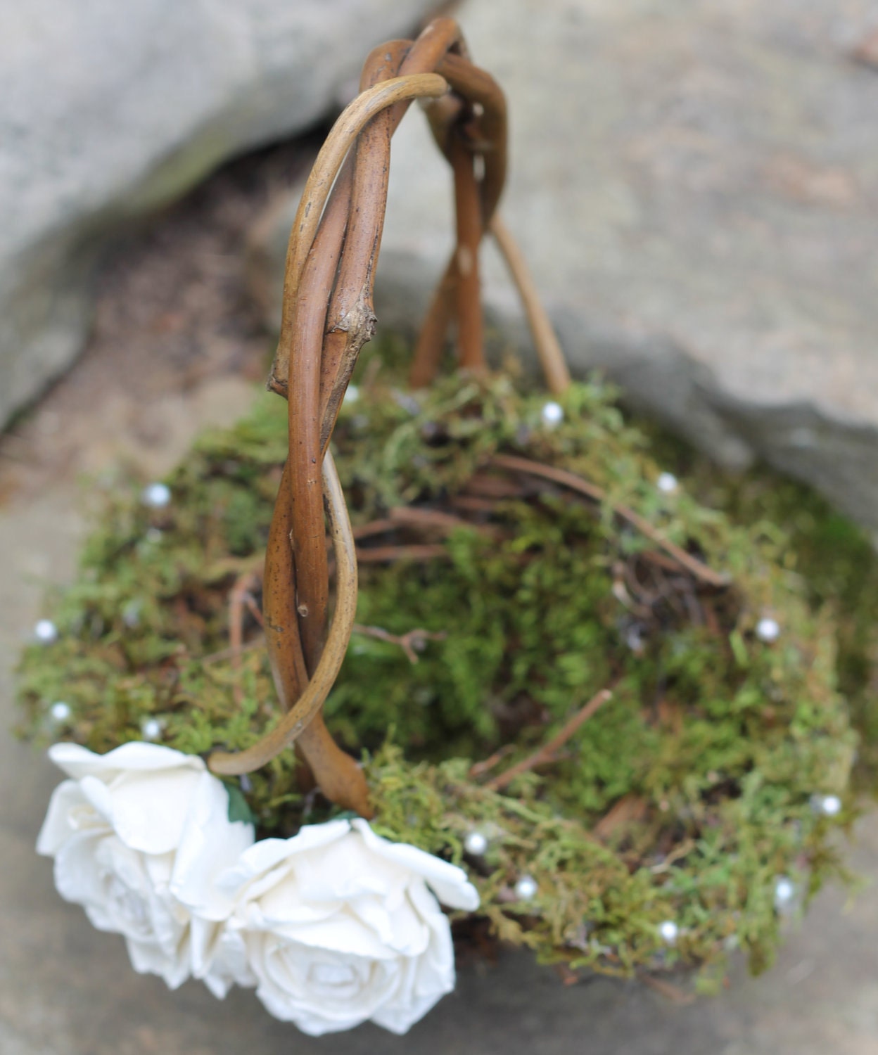 Flower Girl Basket Lined With Moss And Fresh Water Pearls, Roses Rustic Shabby Chic Weddings