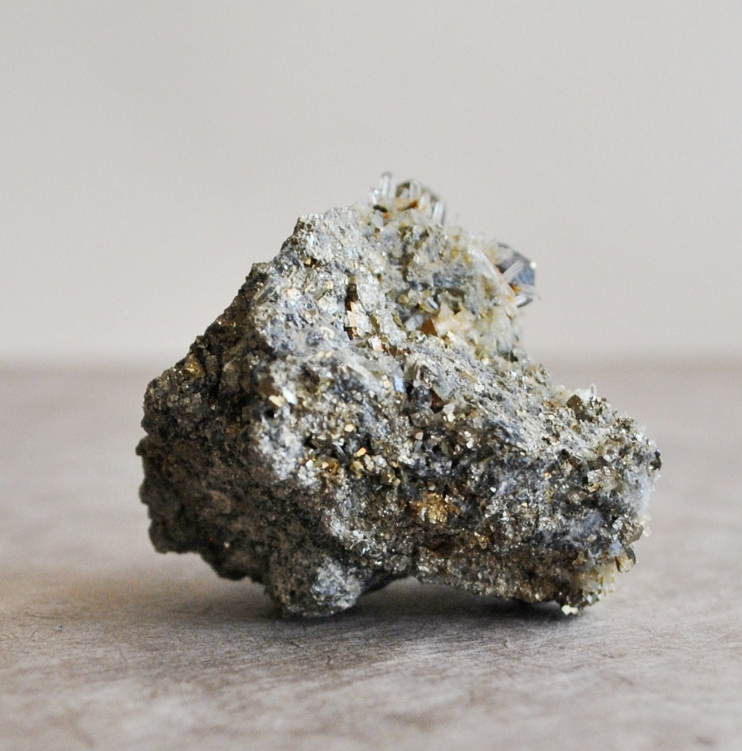 1 pc iron pyrite with tiny quartz crystal points