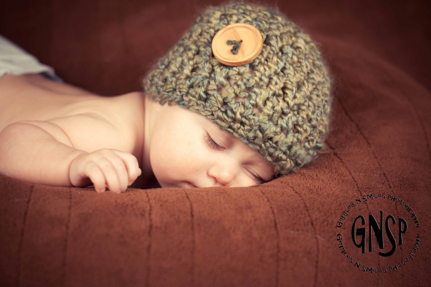 Newborn Baby Boy or Girl  Big Wood or Coconut Button Beanie Handmade Crochet Knit- MANY COLORS AVAILABLE - Photo Prop