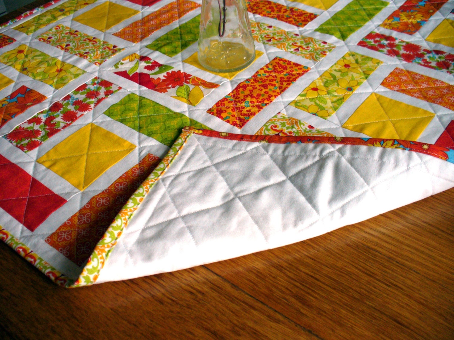 ON SALE -Patchwork Quilted Centerpiece Table Topper in bright spring/summer  colors