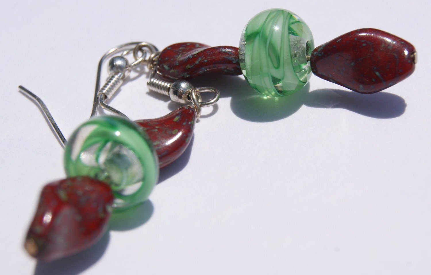 Earrings in Maroon (Burgandy, Oxblood) and Mint Green