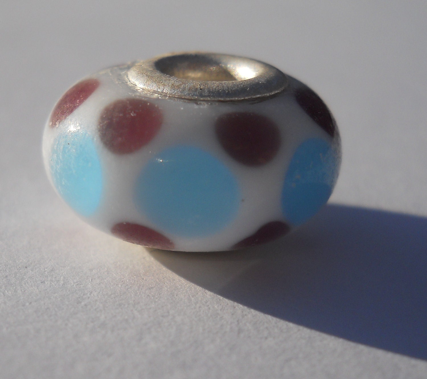Glass European Charm, Handmade Bead in White with Polka Dots in Blue and Purple