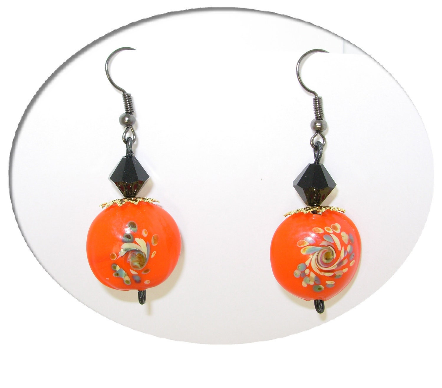 Orange & Black Earrings, Painted Porcelain, Swarovski, Halloween Jewelry