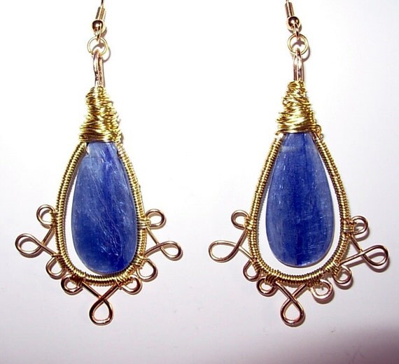 Wire wrapped Kyanite Long Dangle Earrings, Gold and Blue
