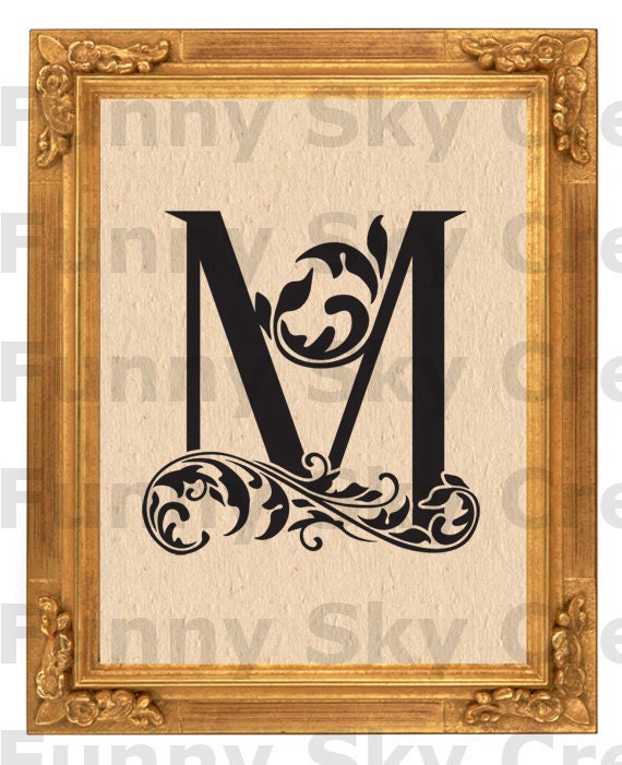 Alphabet Letter M Initial Print Flower Swirl - Burlap Digital Download Paper Word Text Typography Image Transfer To Pillows Tea Towels b088