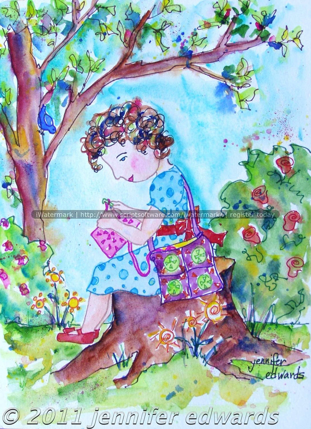 A 5" x 7" print of a watercolor painting of Genevieve titled, Drawn2Crochet.