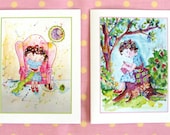 Set of 6 cards, 3 cards each of two images of Genevieve: Drawn2Knit & Drawn2Crochet.