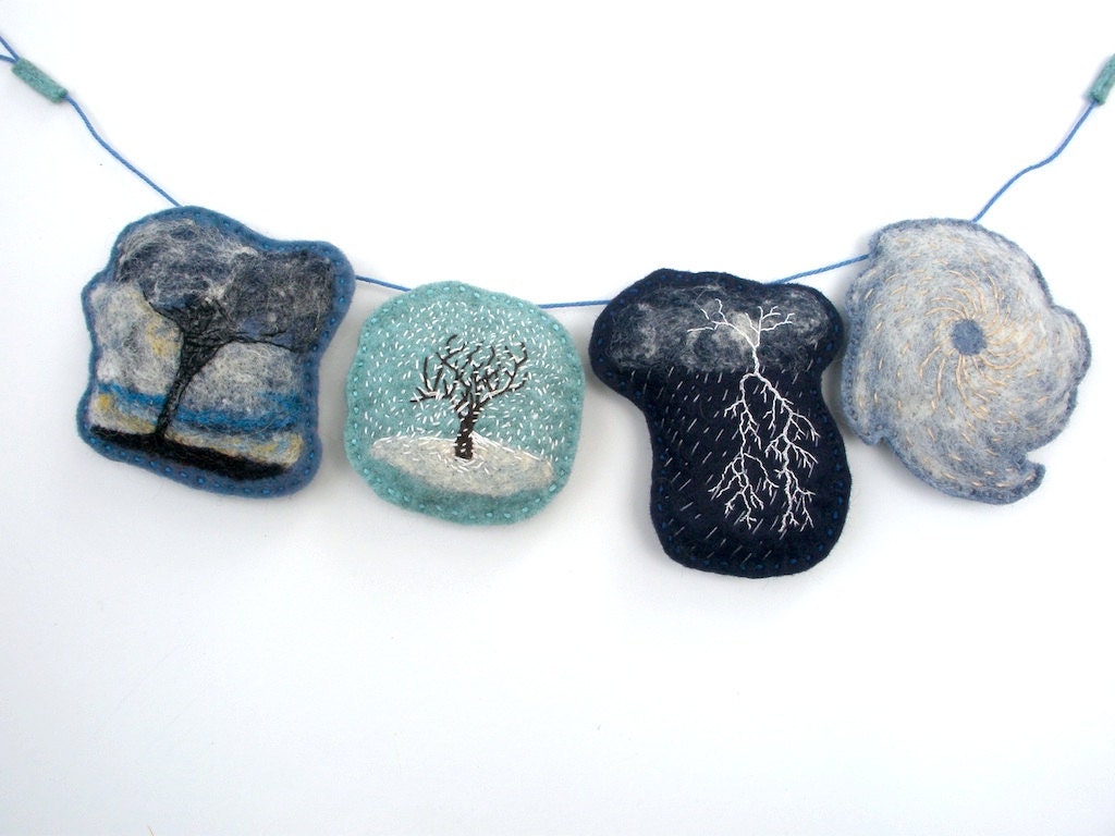 Handmade Felt Garland - Stormy Weather - Wool Felt Embroidered 4-Storm Garland. Made to Order.