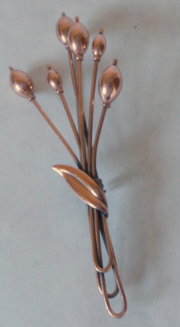 Unusual Copper Pin in the shape of reeds or cattails ca. 1940's