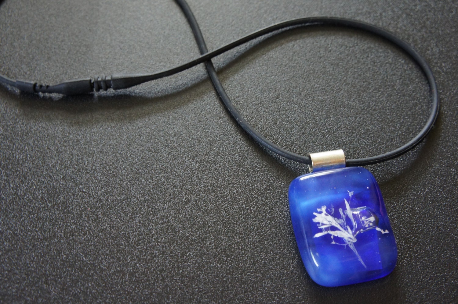 Vivid Blue Glass Fused Necklace with Ginko Leaf Inside