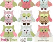 Owls Clip Art Digital Pink Green - Girly Birds