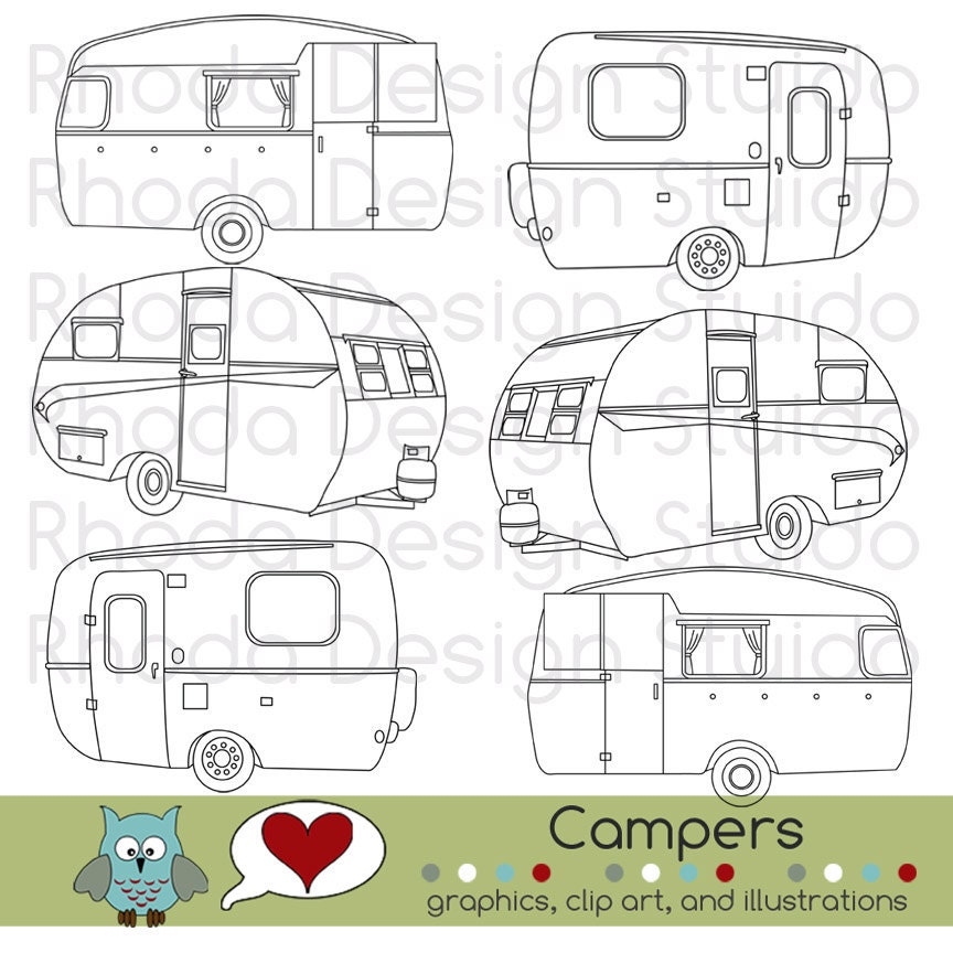 Vintage Campers Digital Clip Art Retro Camp Trailers stamps