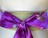 Violet purple Obi belt sash reversible satin brocade  fabric asian green butterfly wedding sash waist cincher