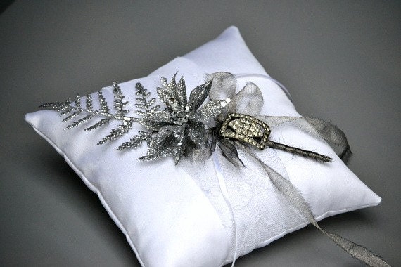 Ring bearer pillow: Silver ,Winter, Holiday wedding ring pillow