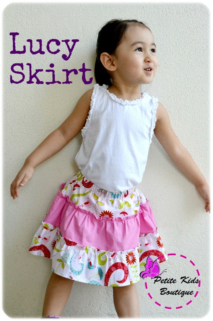 Lucy Skirt for Girls 2Y-10Y PDF Pattern and Instruction-Safety shorts attached- Exposed seams- Tiered twirly skirt-great for summer