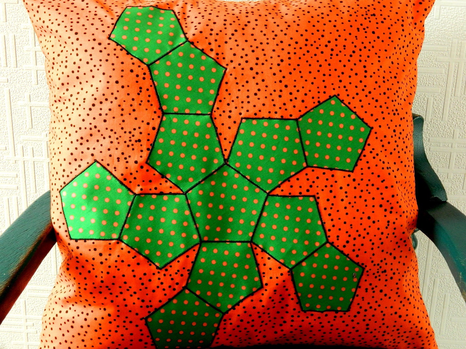 Geometric Throw Pillow.  21" x 21".  Orange and Green Cushion.