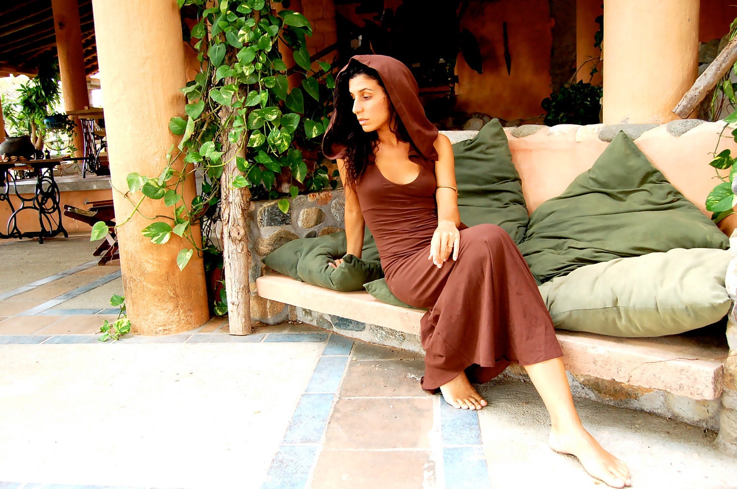 Nienna Hood Dress With Open Back In Brown, hippie dress, gypsy, sexy, elf, elven, elvish, fairy, Bohemian Princess