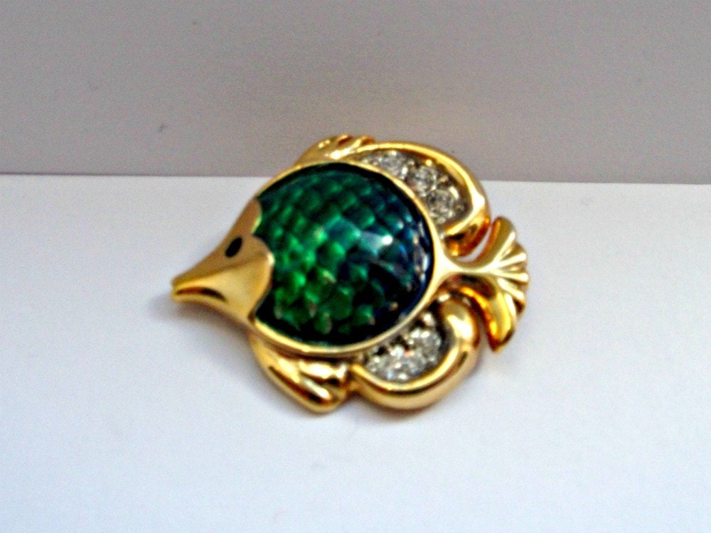 Vintage Fish Brooch - Goldtone Enamel and Rhinestones