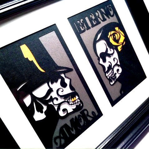 Dia de los Muertos Sugar Skull Day of the Dead UNFRAMED Paper Cut Steam Punk gift amor eterno silver gold