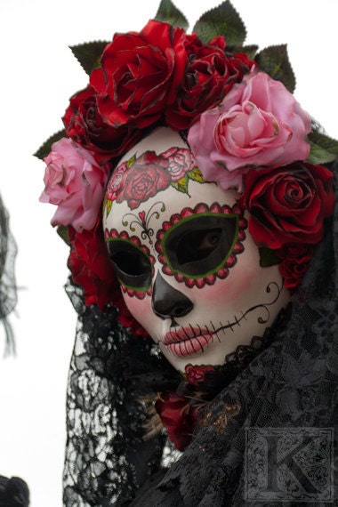Day of the dead - Signed photo 4 x 6 - Carnival of Venice mask costume red black masquerade mystery pink gothic