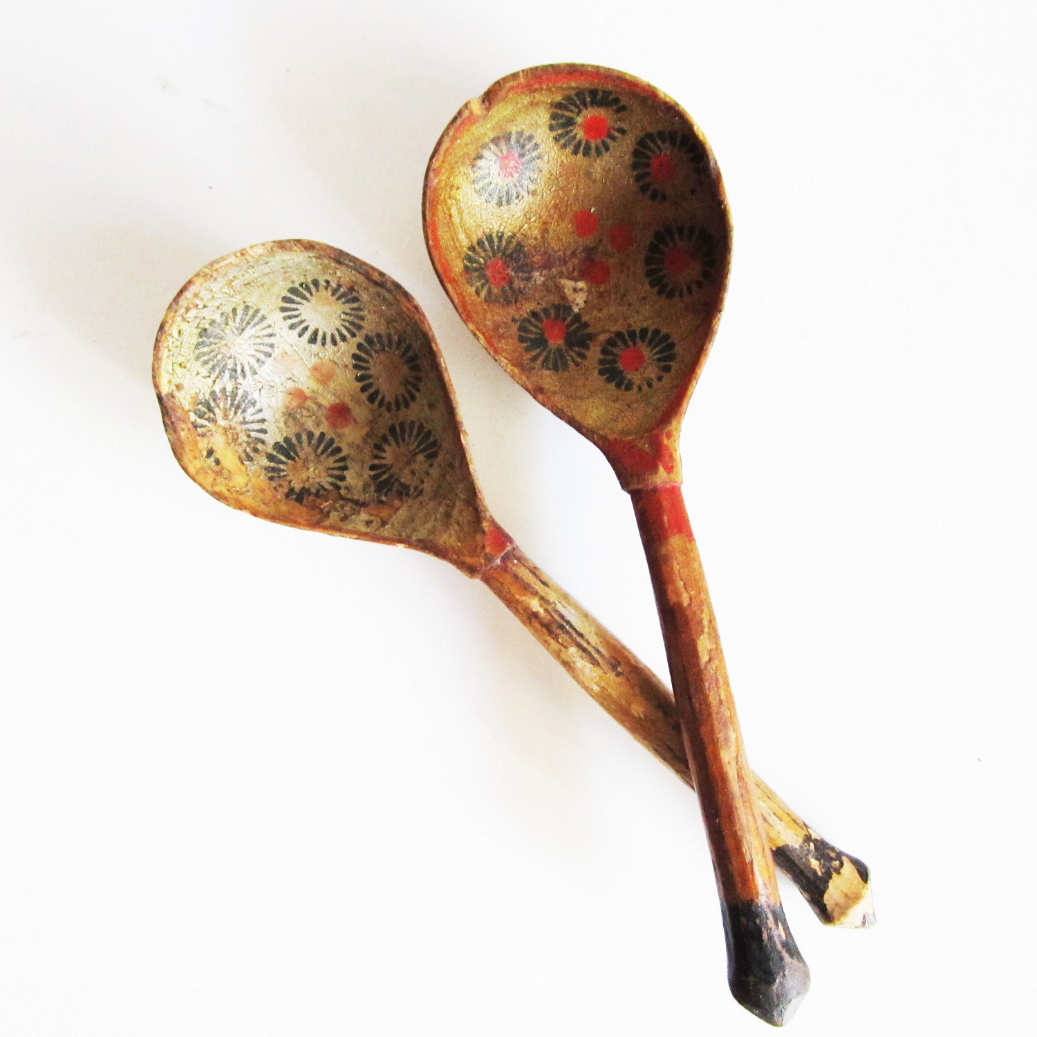 Two VINTAGE hand made and painted WOODEN SPOONS, use for assemblage, home decor, kitchenware.