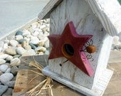 Rustic Birdhouse White Reclaimed Wood  w/ Star and rusty nail perch