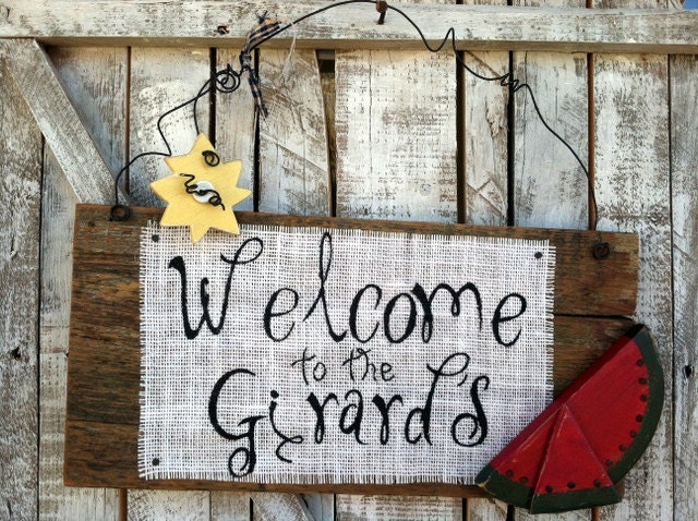 Summer Watermelon Sunflower Personalized Welcome Burlap Sign Door Hanger