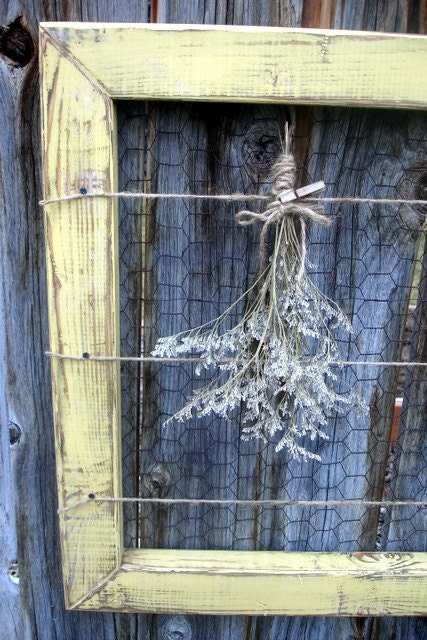 Rustic Yellow Memo Board Photo Display Card Holder made from Reclaimed Wood & Chicken Wire