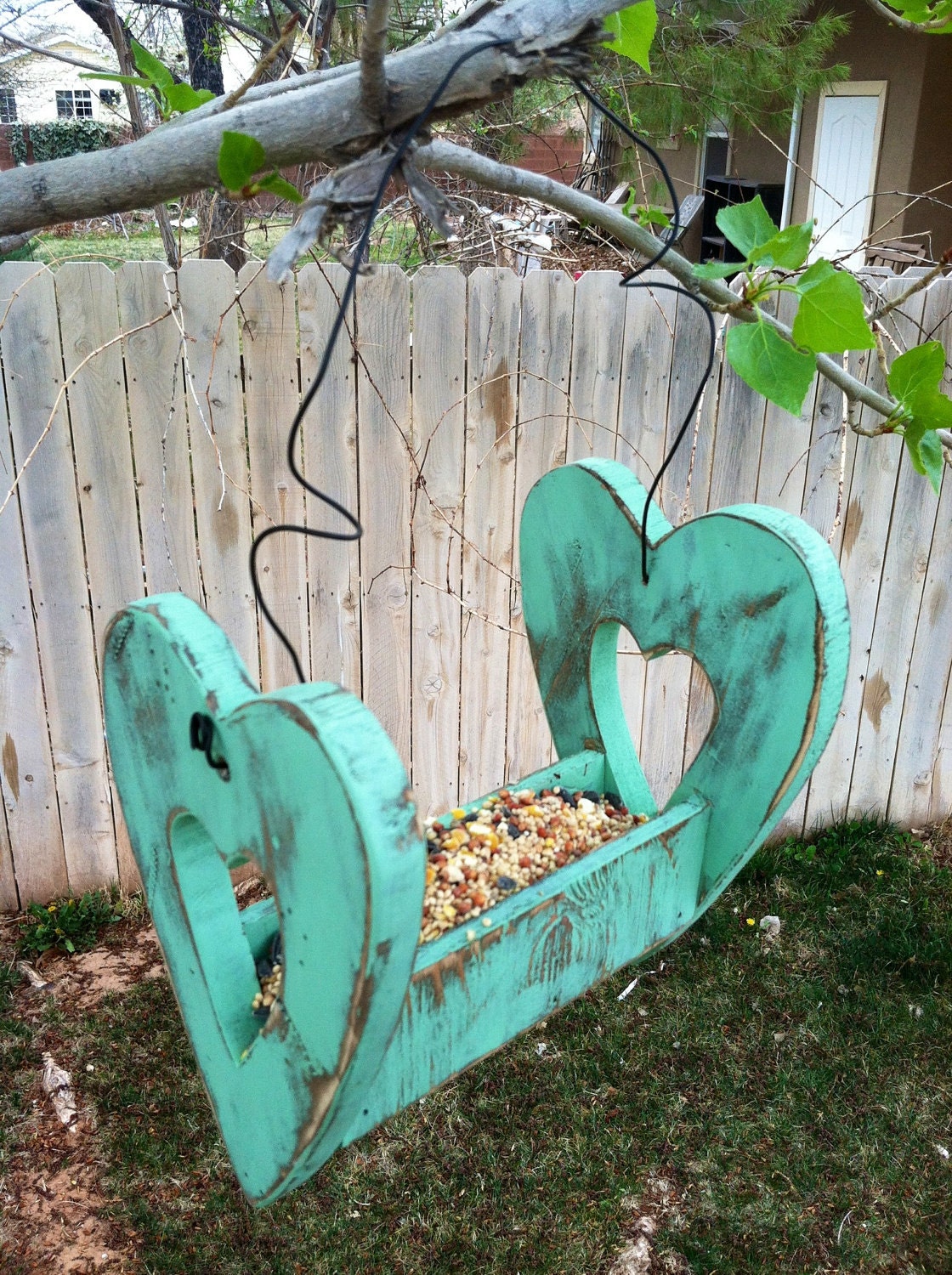 Open Heart Shaped Bird Feeder in Sea Glass Green
