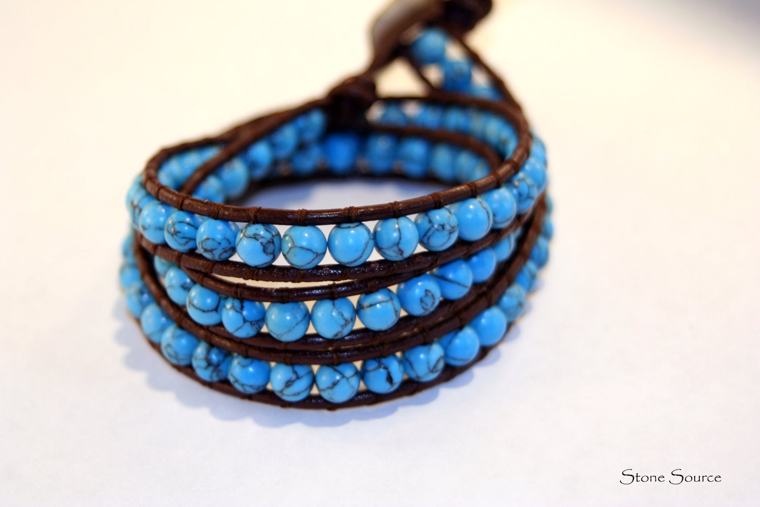 Turquoise Beaded Bracelet - Leather Wrap - Southwestern Style