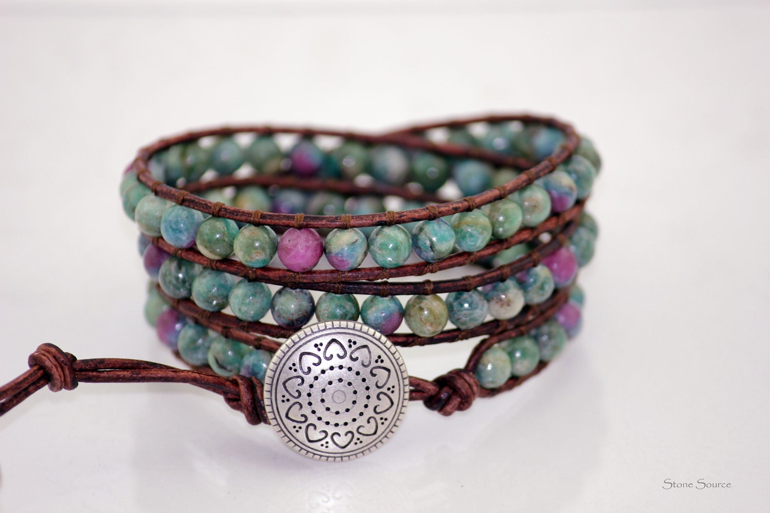 Leather Wrap Bracelet - Ruby Fushite -  Brown Leather - Chan Luu Style