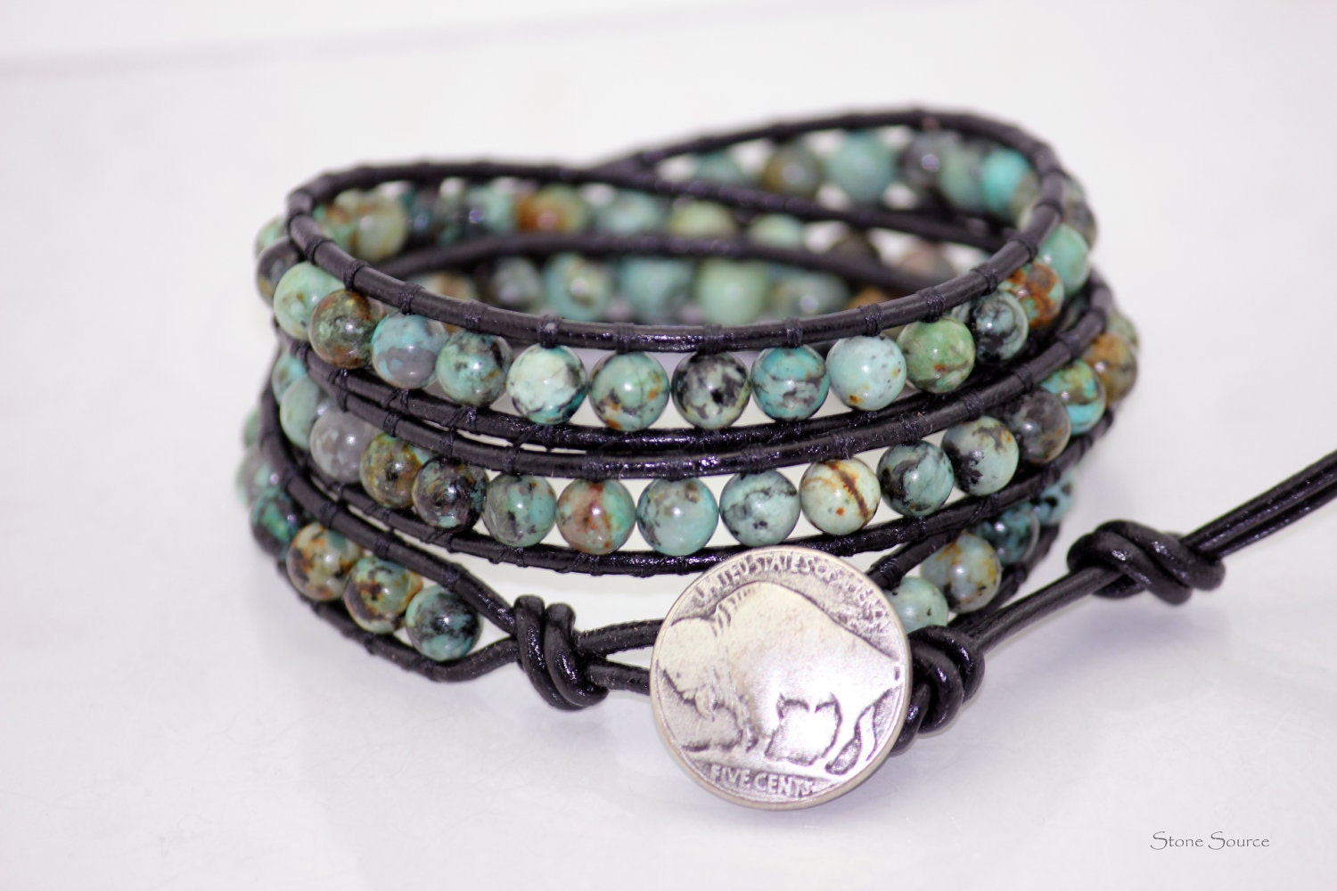 Genuine African Turquoise Triple Leather Wrap Bracelet - Chan Luu Style