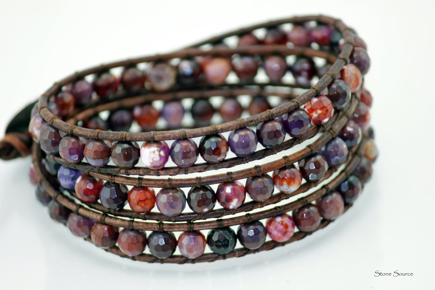 Wrap Bracelet - Cranberry Faceted Fire Agate - Sterling Silver Heart Charm