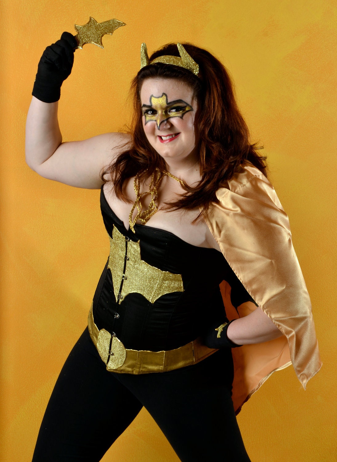 Batgirl Costume Superhero Black Steelboned Corset Gold Glitter