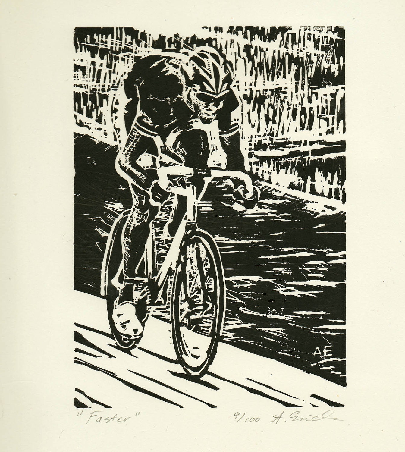 Faster-  Original linocut of a cyclist at Alpenrose Velodrome