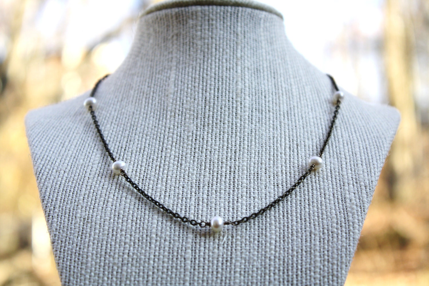 Pearl Station Necklace on Antique Brass Chain