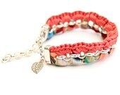 bracelet  psychedelic patterned jersey and coral red yarn and rolo chain