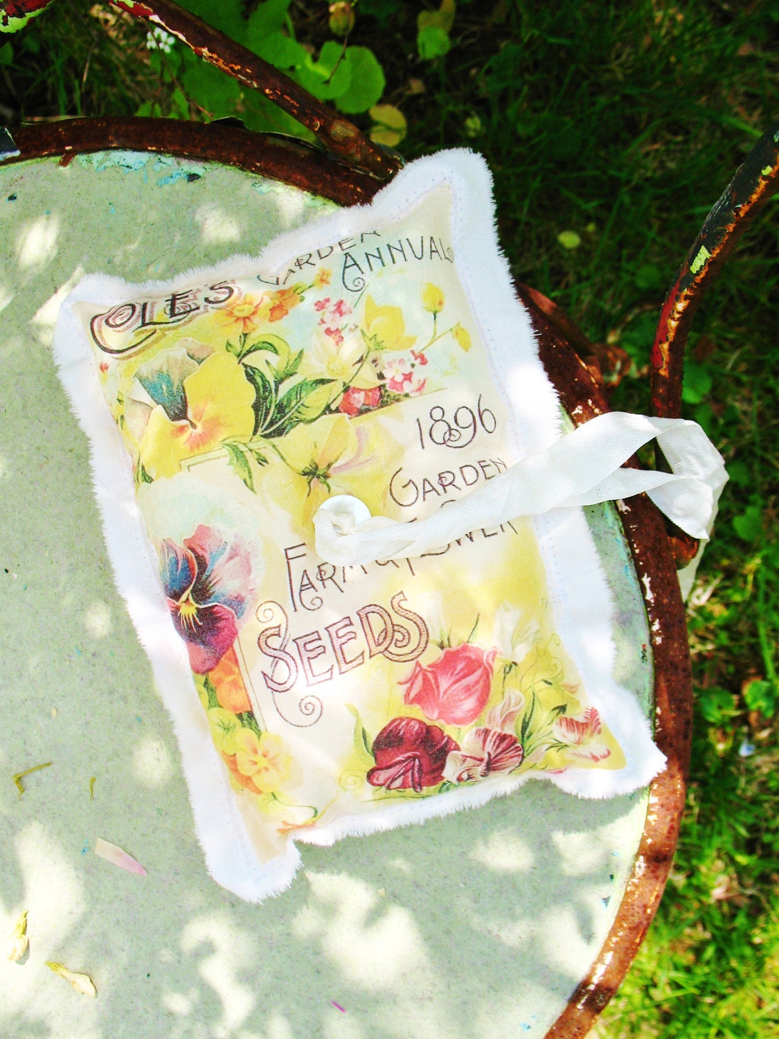 spring sunshine . ring bearer pillow . vintage seed catalog . for a shabby chic wedding