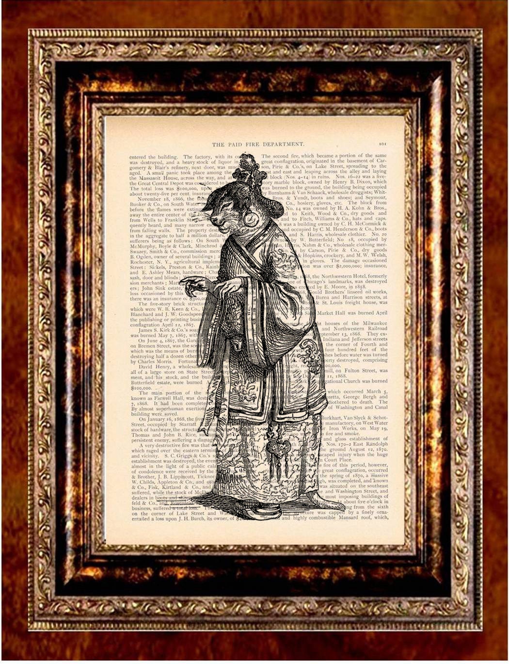 CHINESE CAT Vintage Art Print Antique 1800's Book Page or Dictionary Page Upcycled Recycled