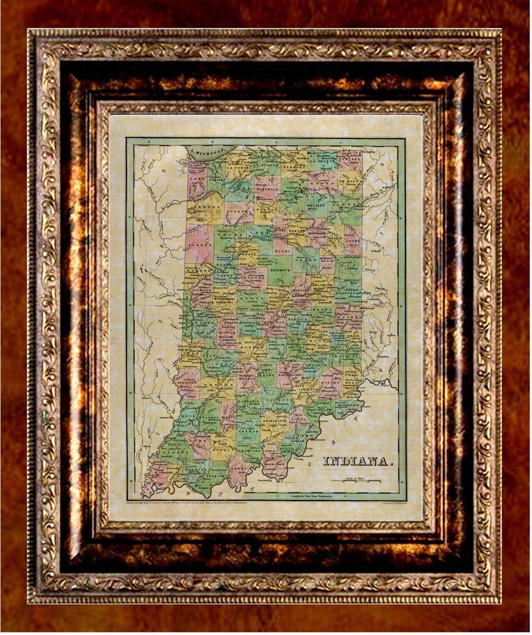 INDIANA  Map Print - Indiana Map of 1838 Printed on Parchment Paper