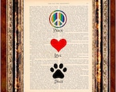 PEACE LOVE DOGS Dog Print -  Art Print Antique 1800's Book Page or Dictionary Page Upcycled Recycled