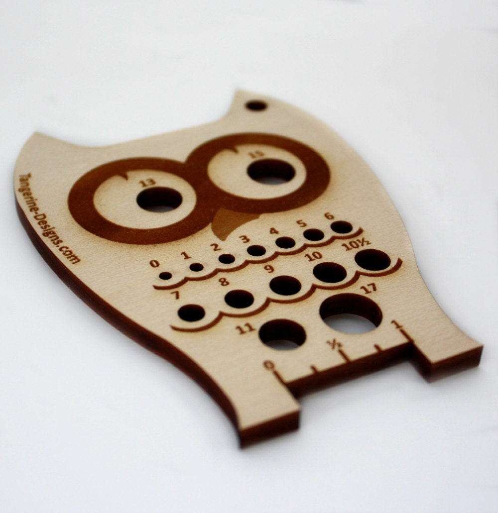 Owl Knitting Needle Gauge, Laser Cut Wood, Sizes 0 to 17, Ruler