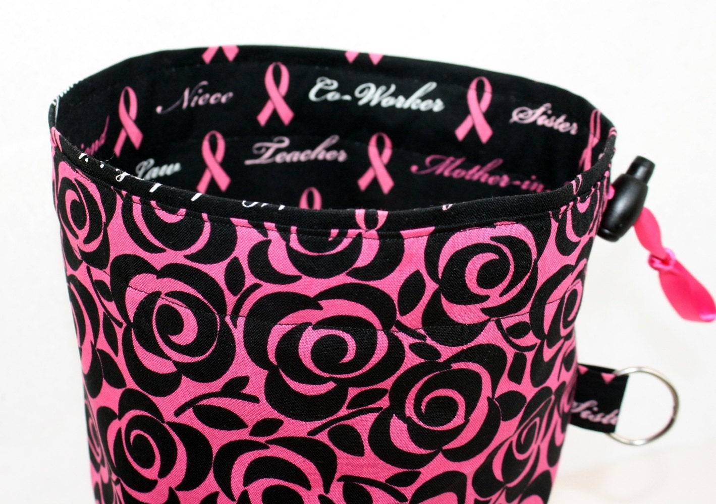 Knitting Project Bag, Fight Like a Girl, Pink Ribbon, Breast Cancer, Drawstring Closure, Square Bottom, Black Pink Roses, Supply Clip