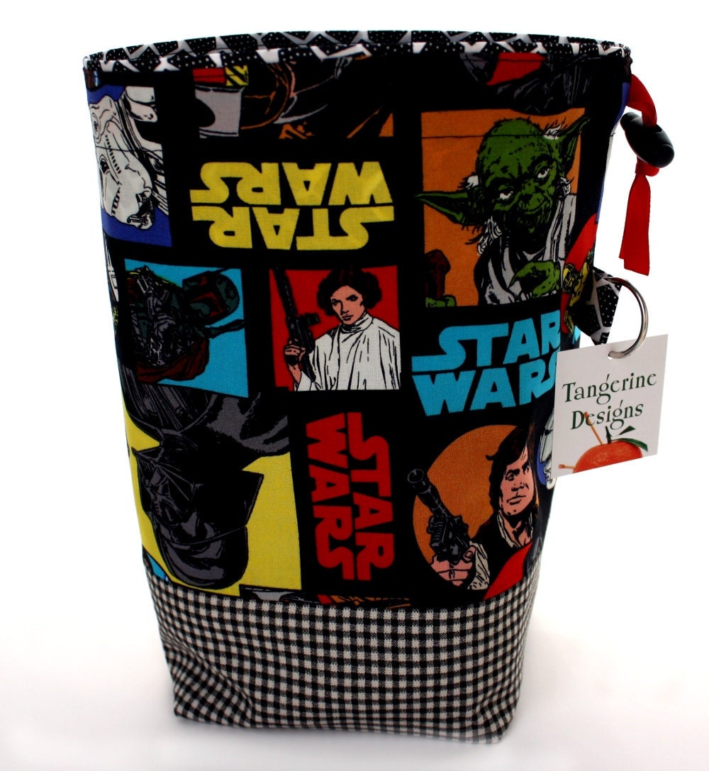 Knitting WIP Project Bag, Star Wars, Drawstring Cord Lock, Square Bottom, Yoda Darth Vader Han Solo Leia, Supply Clip