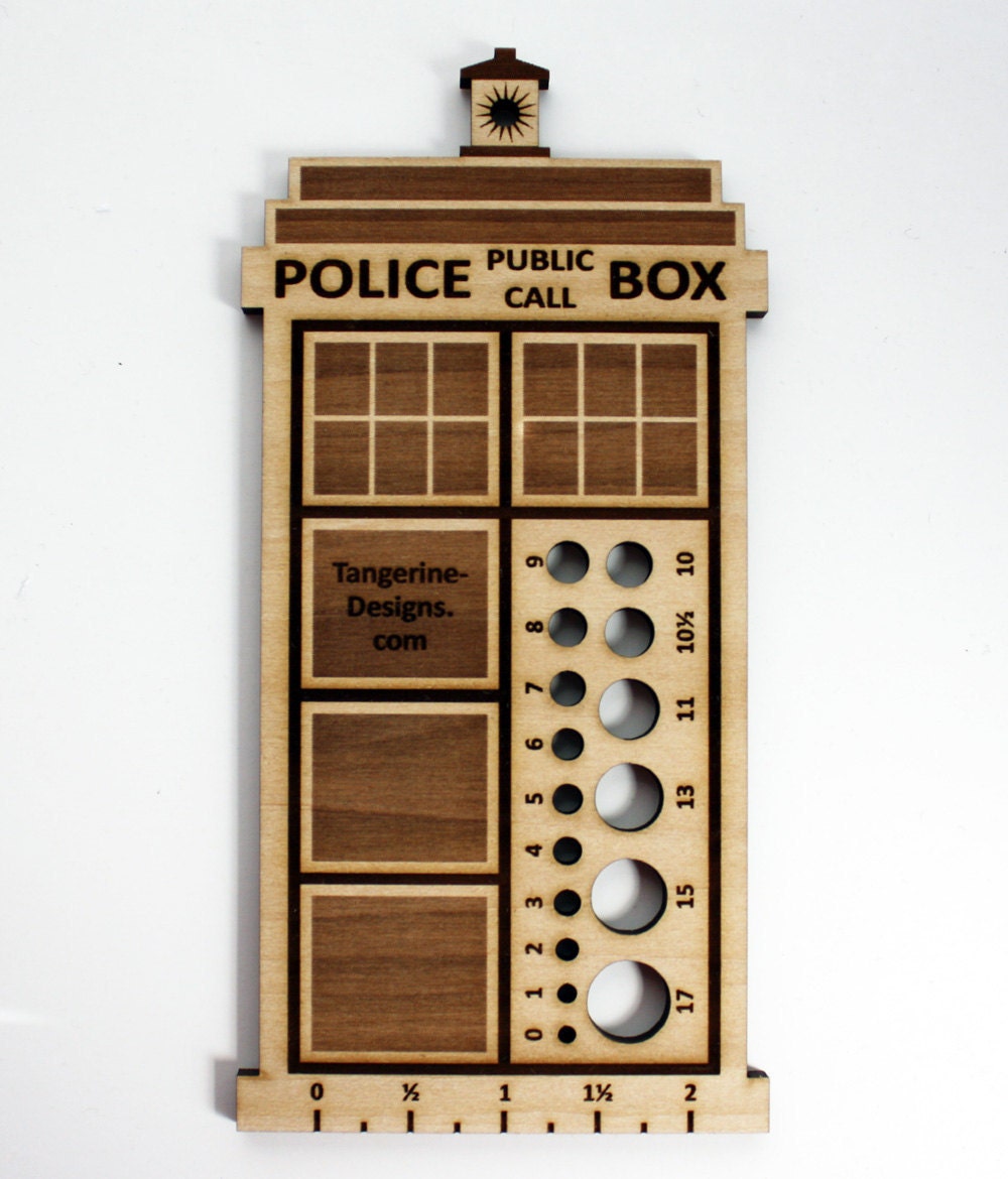 Police Box Knitting Needle Gauge, Laser Cut Wood, Sizes 0 to 17, Ruler